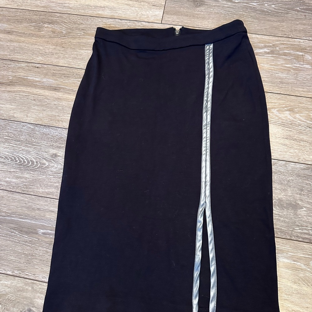 Ambar Stretch Black Pencil Skirt Silver Leather Stripe & Slit